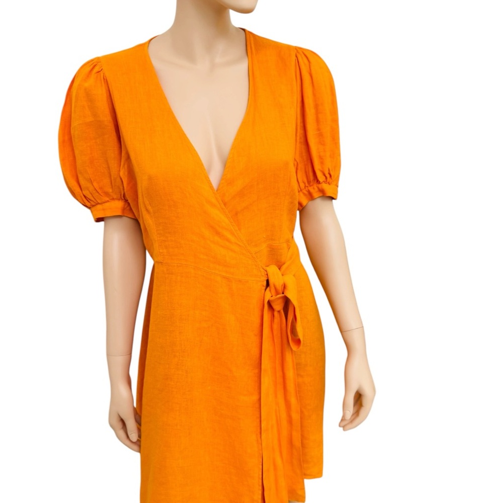 Zara 100% Linen Orange Wrap Dress Puff Sleeve Tie Waist Women’s Medium Portugal - Picture 2 of 12